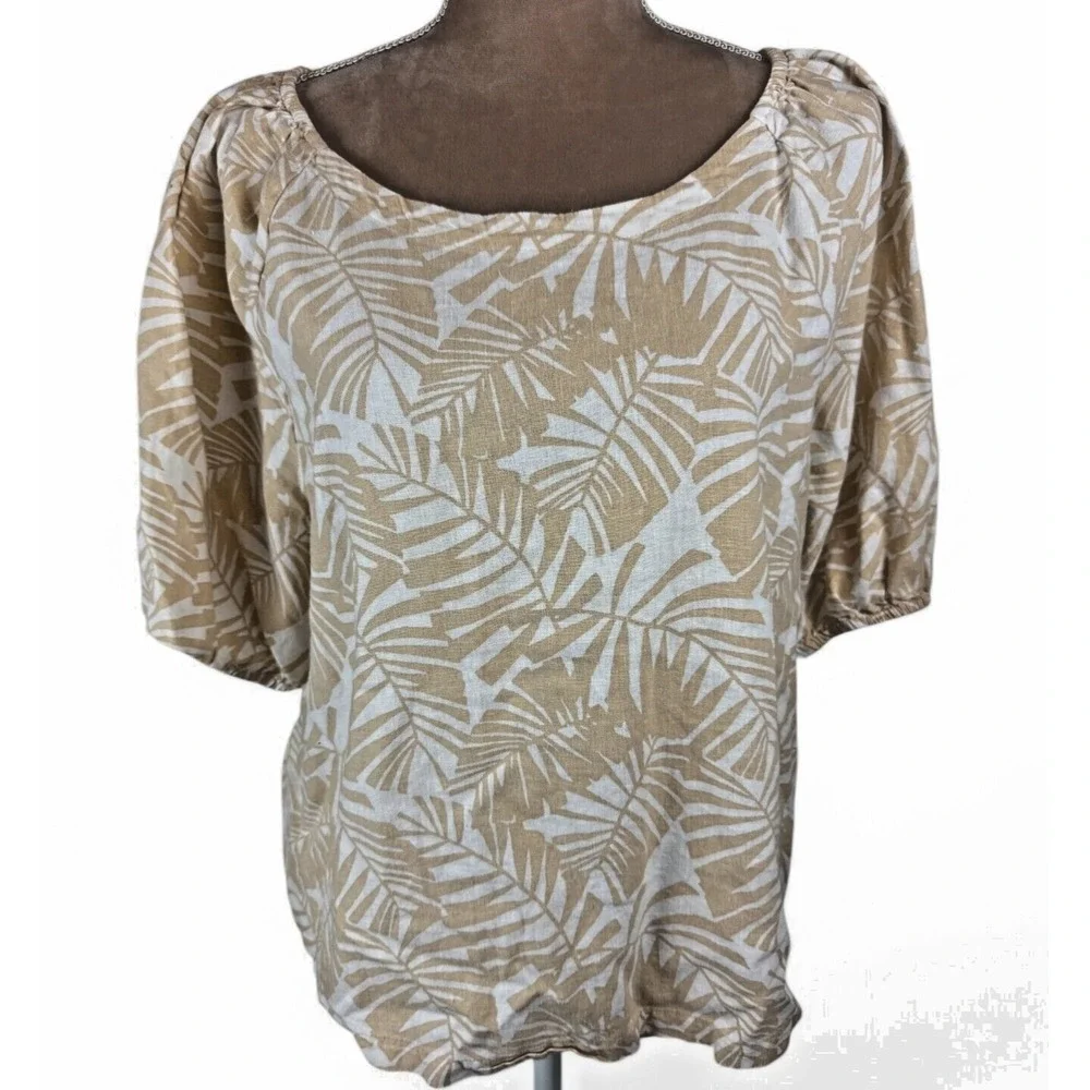 Ann Taylor Loft Womens Sz XL Linen Top Tropical Print Tan Cream Puff Sleeve‎